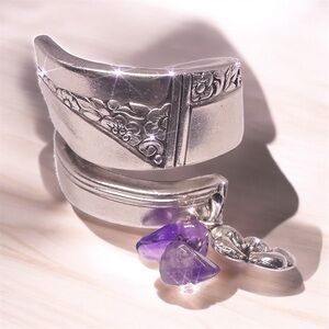 Morning Star Spoon Ring with Amethyst & Forget-Me-Not Charm